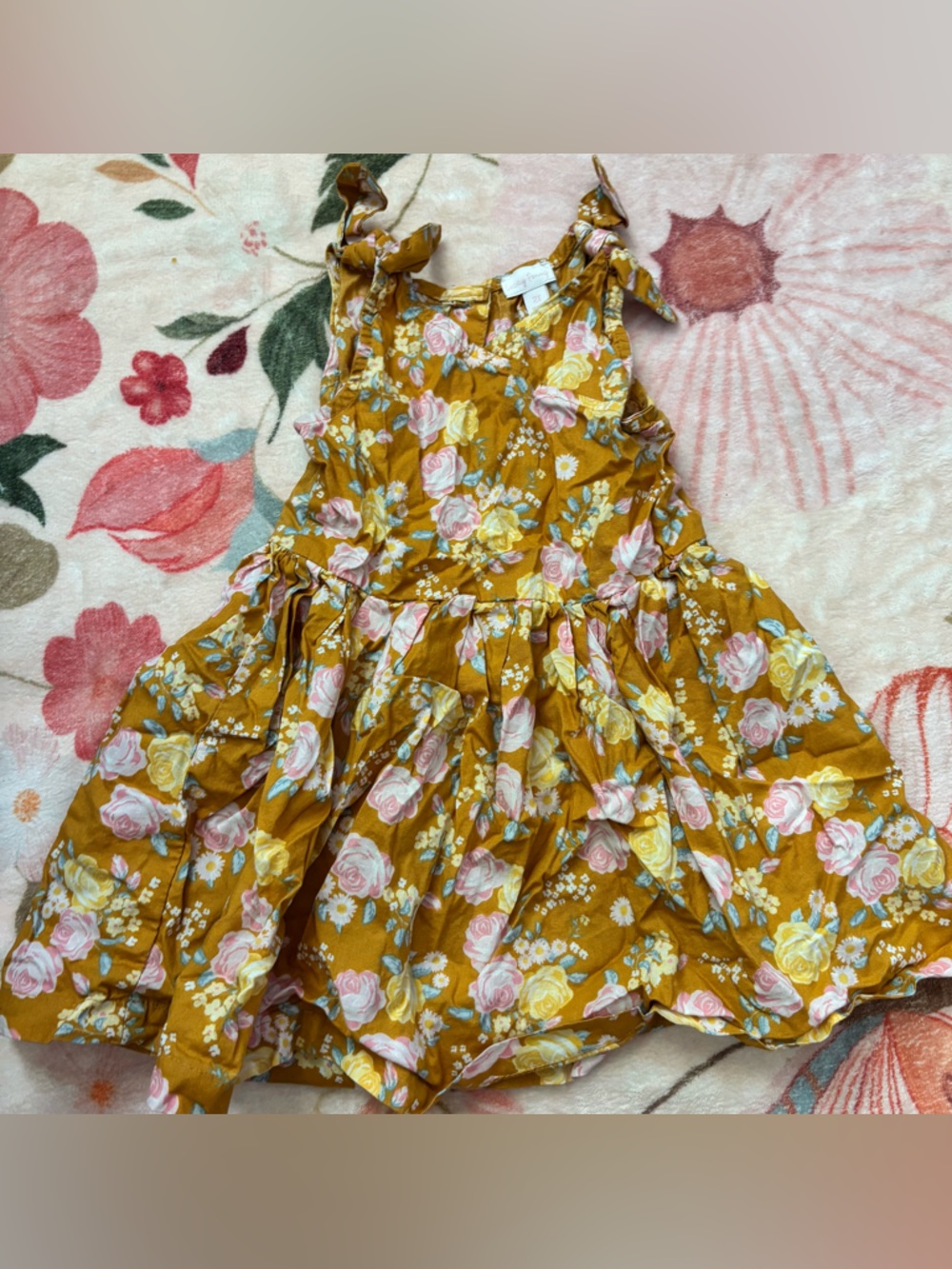 Girls Floral Tie-Shoulder Sundress - Mustard Yellow